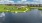 aerial view of a lake and community area