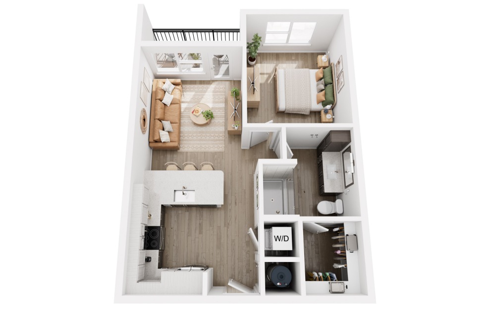 A1 - 1 bedroom floorplan layout with 1 bath and 649 square feet.