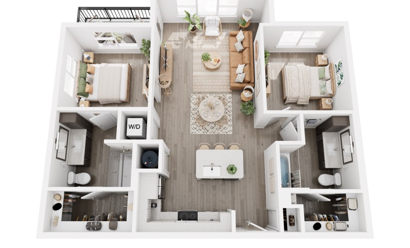 B1 - 2 bedroom floorplan layout with 2 bathrooms and 1034 - 1046 square feet