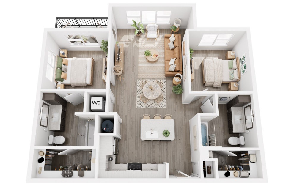 B1 - 2 bedroom floorplan layout with 2 baths and 1034 to 1046 square feet.