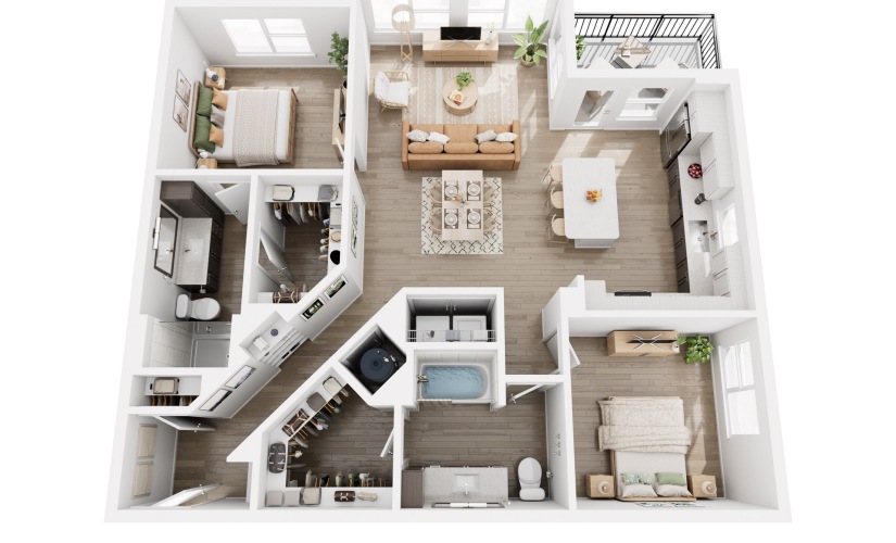 B2 - 2 bedroom floorplan layout with 2 bathrooms and 1222 - 1231 square feet
