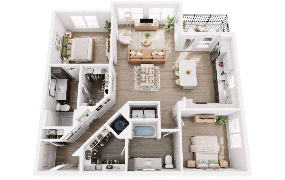 B2 - 2 bedroom floorplan layout with 2 baths and 1222 to 1231 square feet.