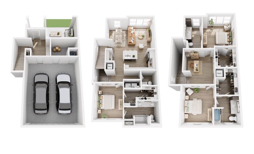 3 Bedroom Townhome - 3 bedroom floorplan layout with 3.5 bathrooms and 1962 square feet